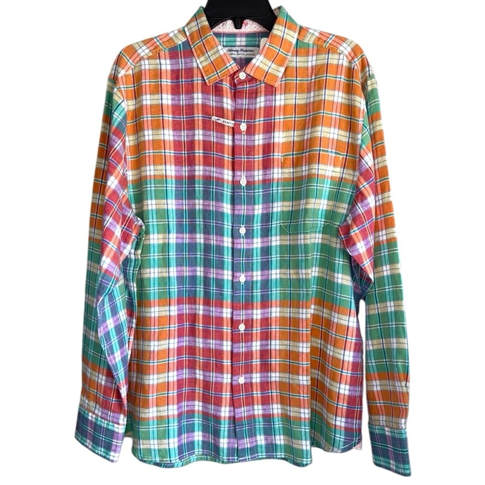 Tommy Bahama Mens Large Barbados Breeze Vibrant Plaid Long Sleeve Linen Shirt L